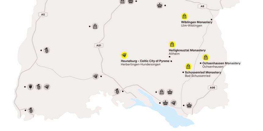 Illustration: Staatliche Schlösser und Gärten Baden-Württemberg, JUNG:Kommunikation GmbH journey map "Upper Swabia & Ulm"